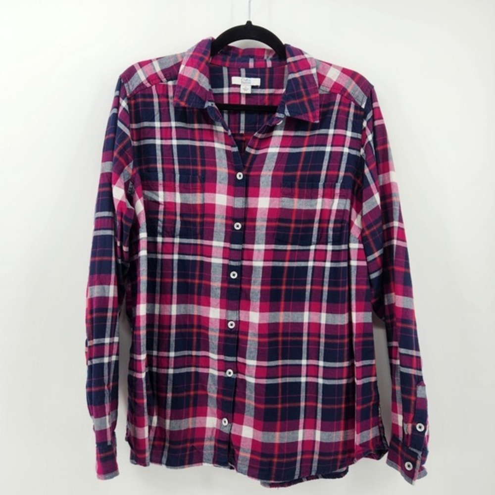 Croft & Barrow Womens XL Pink Purple Blue Plaid Button Down‎ Long Sleeve Shirt